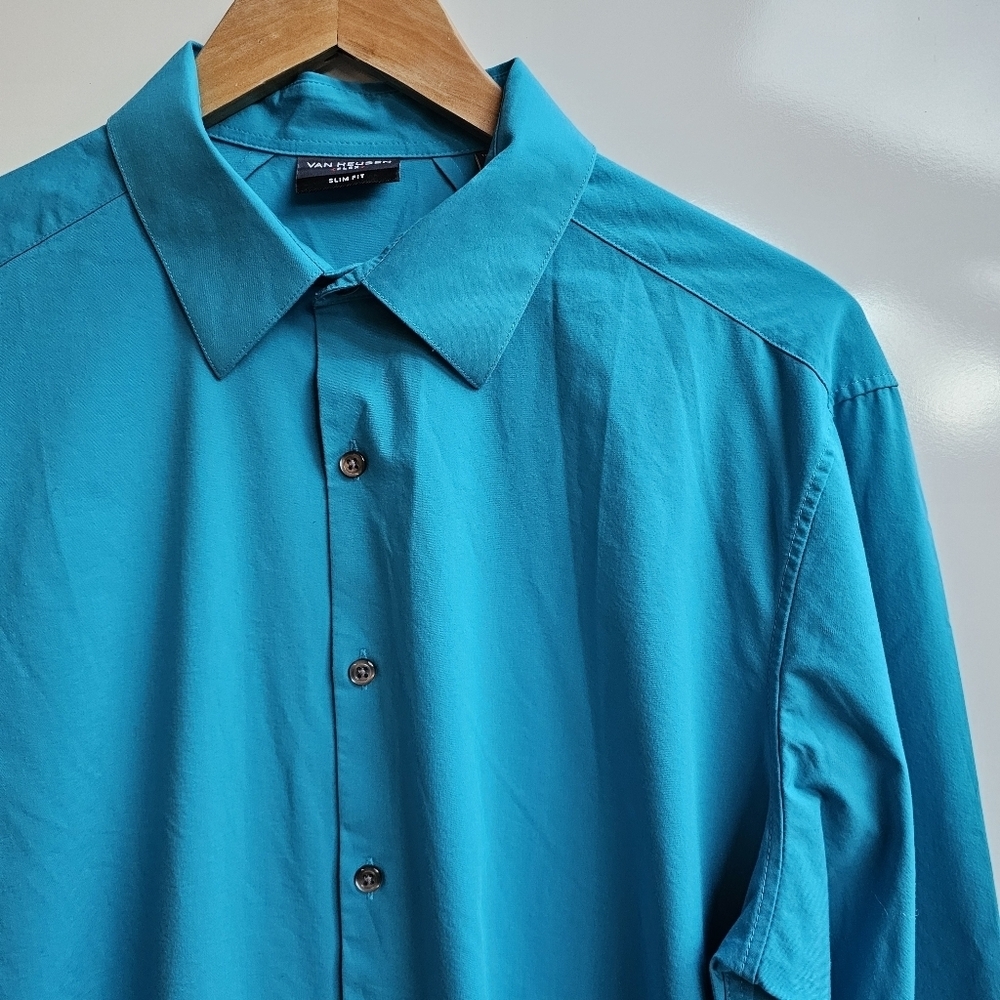 VH Flex Slim Fit Mens Dress Shirt Blue Green, Stretch, Size L 16-16 1/2 36-37 - Picture 4 of 14